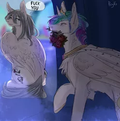 Size: 2139x2160 | Tagged: safe, artist:reyko, derpibooru import, princess celestia, oc, oc:light knight, alicorn, pegasus, pony, canon x oc, chest fluff, flower, jewelry, lightestia, raised hoof, regalia, signature, vulgar