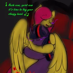 Size: 400x400 | Tagged: safe, artist:sinsays, derpibooru import, part of a set, fluttershy, teddy, twilight sparkle, pony, unicorn, ask corrupted twilight sparkle, alternate timeline, bed, bedroom, colored horn, corrupted, corrupted fluttershy, corrupted twilight sparkle, cuddling, curved horn, dark, dark equestria, dark magic, dark queen, dark room, dark world, duo, duo female, eyes closed, female, glowing eyes, horn, hug, hush now quiet now, magic, mind control, non-shipping, one eye open, part of a series, possessed, queen twilight, sleeping, sombra empire, sombra eyes, sombra's horn, sombrafied, teddy bear, tumblr, tyrant sparkle, unicorn twilight, winghug
