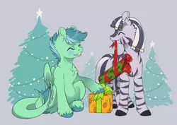 Size: 3500x2475 | Tagged: safe, artist:arctic-fox, derpibooru import, oc, oc:ruzeth, oc:zuthal, unofficial characters only, monster pony, original species, pony, tatzlpony, zebra, chest fluff, christmas, christmas tree, ear fluff, fluffy, holiday, lights, present, smiling, snow, tree, unshorn fetlocks