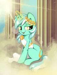 Size: 3000x4000 | Tagged: safe, artist:saralien, derpibooru import, lyra heartstrings, pony, unicorn, clothes, cloud, crepuscular rays, cute, dionysus, dress, female, glowing horn, goddess, high res, horn, leg fluff, looking at you, lyrabetes, mare, open mouth, pillar, sitting, sky, solo, sunlight