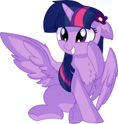 Size: 5953x6217 | Tagged: safe, artist:aureai-sketches, artist:cyanlightning, derpibooru import, twilight sparkle, twilight sparkle (alicorn), alicorn, pony, .svg available, absurd resolution, adorkable, chest fluff, cute, dork, ear fluff, female, floppy ears, flower, flower in hair, happy, mare, simple background, sitting, smiling, solo, spread wings, squee, transparent background, twiabetes, underhoof, vector, wings