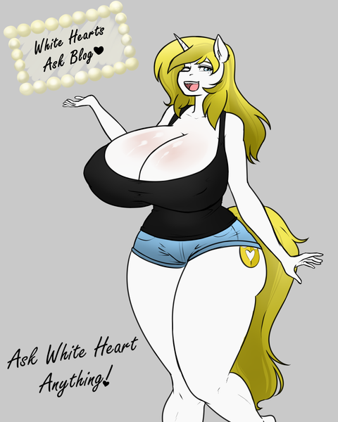 Size: 2400x3000 | Tagged: suggestive, artist:chango-tan, derpibooru import, oc, oc:white heart, unofficial characters only, anthro, unicorn, ask white heart, anthro oc, ask, ass, big breasts, breasts, butt, cleavage, clothes, female, gray background, huge breasts, hyper, hyper breasts, impossibly large breasts, rule 63, sexy, shorts, sign, simple background, solo, solo female, tanktop