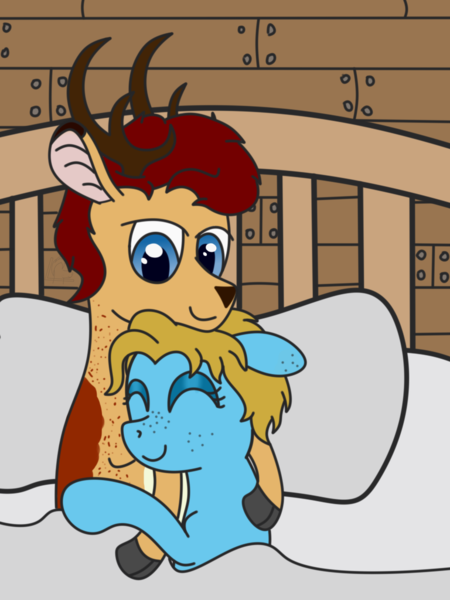 Size: 768x1024 | Tagged: safe, artist:lucid_mane, derpibooru import, oc, oc:stoutbook, oc:tonality, deer, earth pony, fordeer, original species, antlers, back freckles, bed, bedroom eyes, cloven hooves, couple, deer oc, eyes closed, female, floppy ears, freckles, interspecies, male, mare, non-pony oc, oc x oc, pillow, shipping, smiling, snuggling, straight, wooden walls