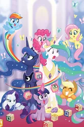 Size: 755x1147 | Tagged: safe, artist:tonyfleecs, derpibooru import, idw, applejack, fluttershy, pinkie pie, princess celestia, princess luna, rainbow dash, rarity, twilight sparkle, twilight sparkle (alicorn), alicorn, butterfly, pegasus, pony, unicorn, spoiler:comic, spoiler:comicidw2020, blocks, cover, cute, dashabetes, diapinkes, egg, ethereal mane, eyes closed, female, filly, filly applejack, filly fluttershy, filly pinkie pie, filly rainbow dash, filly rarity, filly twilight sparkle, foal, freckles, hat, jackabetes, magic, mane six, mare, maternaluna, momlestia, nursery, open mouth, rainbow trail, raribetes, royal sisters, shyabetes, smiling, speed trail, spike's egg, starry mane, telekinesis, tony fleecs is trying to murder us, twiabetes, weapons-grade cute, wrong eye color, younger