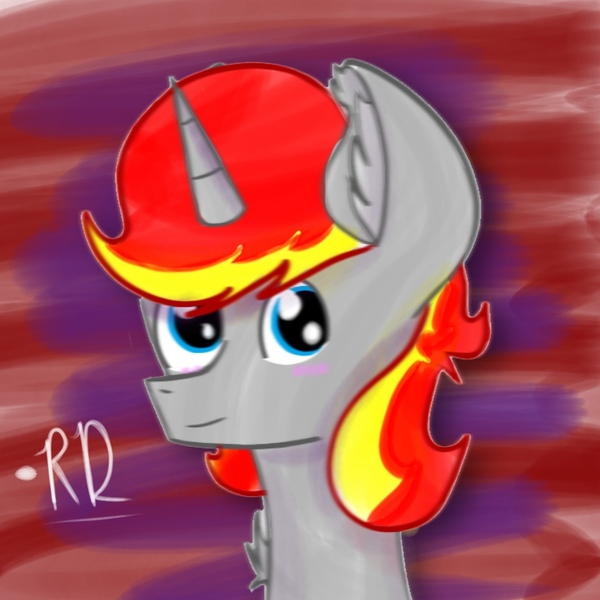 Size: 768x768 | Tagged: safe, artist:rubydeluxe, derpibooru import, oc, oc:rd, unofficial characters only, pony, airbrush, blue eyes, blushing, bust, colored, colored background, digital art, ear fluff, horn, looking at you, male, neck fluff, signature