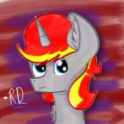 Size: 768x768 | Tagged: safe, artist:rubydeluxe, derpibooru import, oc, oc:rd, unofficial characters only, pony, airbrush, blue eyes, blushing, bust, colored, colored background, digital art, ear fluff, horn, looking at you, male, neck fluff, signature