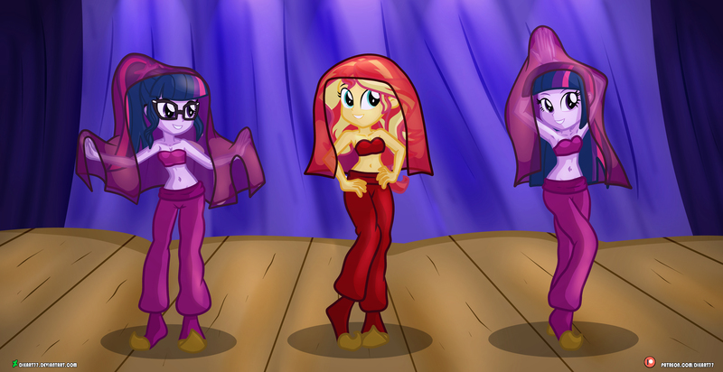 Size: 6000x3090 | Tagged: safe, artist:dieart77, derpibooru import, sci-twi, sunset shimmer, twilight sparkle, equestria girls, absurd resolution, armpits, belly button, belly dancer, belly dancer outfit, clothes, commission, female, hand on hip, harem outfit, midriff, pants, performance, self paradox, smiling, stage