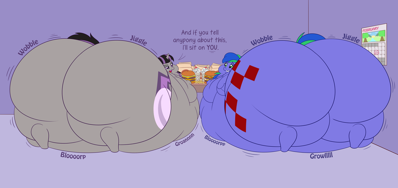 Size: 5250x2480 | Tagged: questionable, artist:felsette, derpibooru import, oc, oc:felicity stars, oc:magna-save, unofficial characters only, pegasus, pony, unicorn, belly, belly bed, belly noises, big belly, burger, butt, calendar, dialogue, duo, duo female, fat, female, food, french fries, high res, huge belly, huge butt, impossibly large belly, impossibly large butt, large butt, magslicity, mare, milkshake, morbidly obese, obese, onomatopoeia, plot, prone, sound effects, stomach noise, the ass was fat