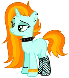 Size: 1644x1840 | Tagged: safe, artist:diamond-chiva, artist:pegasski, derpibooru import, oc, oc:streetz, pony, unicorn, base used, bedroom eyes, bracelet, choker, ear piercing, earring, eyeshadow, female, fishnets, jewelry, makeup, mare, piercing, simple background, solo, spiked choker, transparent background, wristband