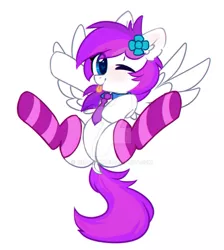 Size: 900x1006 | Tagged: safe, artist:mirtash, derpibooru import, oc, oc:lavanda, unofficial characters only, pegasus, pony, clothes, cute, deviantart watermark, female, flower, flower in hair, looking at you, mare, obtrusive watermark, one eye closed, rcf community, simple background, socks, solo, spread legs, spreading, striped socks, tongue out, watermark, white background, wink