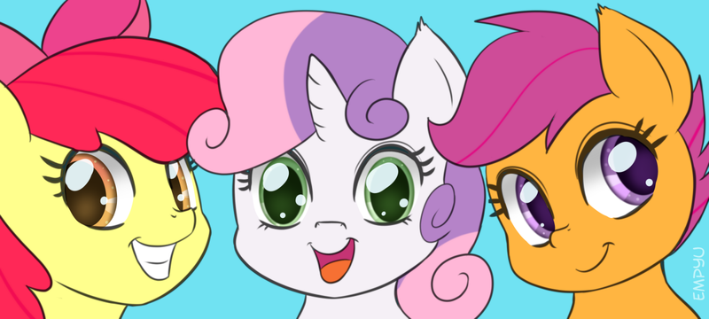 Size: 1200x540 | Tagged: safe, artist:empyu, derpibooru import, apple bloom, scootaloo, sweetie belle, earth pony, pegasus, pony, unicorn, 30 minute art challenge, adorabloom, bust, cute, cutealoo, cutie mark crusaders, diasweetes, female, filly, group, looking at you, open mouth, portrait, simple background, smiling
