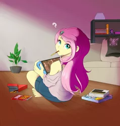Size: 1500x1577 | Tagged: safe, artist:0ndshok, derpibooru import, carrot top, fluttershy, golden harvest, minuette, octavia melody, twilight sparkle, vinyl scratch, human, equestria girls, anime, book, clothes, couch, cute, doom, feet, female, food, gamershy, humanized, looking at you, manga, mouth hold, nintendo, nintendo switch, otakushy, plant, pocky, question mark, shorts, sitting