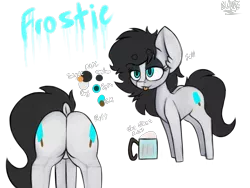 Size: 4000x3000 | Tagged: safe, artist:claudearts, derpibooru import, oc, oc:frostie, earth pony, pony, :p, both cutie marks, butt, cutie mark, dock, food, plot, popsicle, reference sheet, rum, silly, solo, tongue out