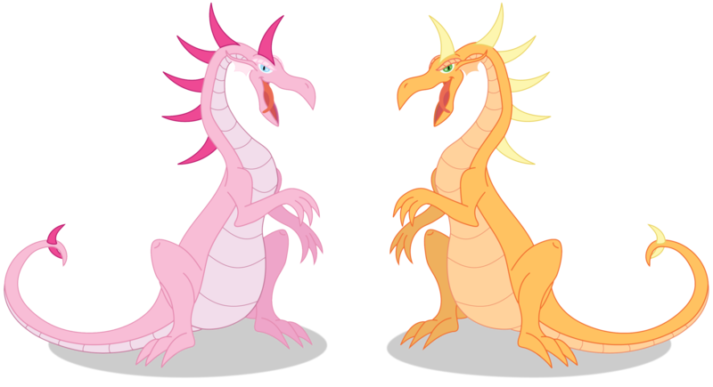 Size: 2999x1632 | Tagged: safe, artist:elsdrake, derpibooru import, applejack, pinkie pie, dragon, dragoness, dragonified, dragonjack, duo, female, open mouth, pinkiedragon, simple background, sitting, species swap, tongue out, transparent background, wingless dragon