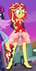Size: 454x884 | Tagged: safe, derpibooru import, screencap, sci-twi, sunset shimmer, twilight sparkle, wallflower blush, equestria girls, equestria girls series, forgotten friendship, animation error, boots, clothes, cropped, female, legs, ponied up, scitwilicorn, shoes, sleeveless, super ponied up