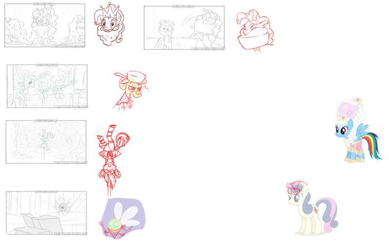 Size: 1000x650 | Tagged: safe, derpibooru import, bon bon, granny smith, pinkie pie, rainbow dash, sweetie drops, zecora, earth pony, parasprite, pegasus, pony, zebra, concept art, female, mare, simple background, white background