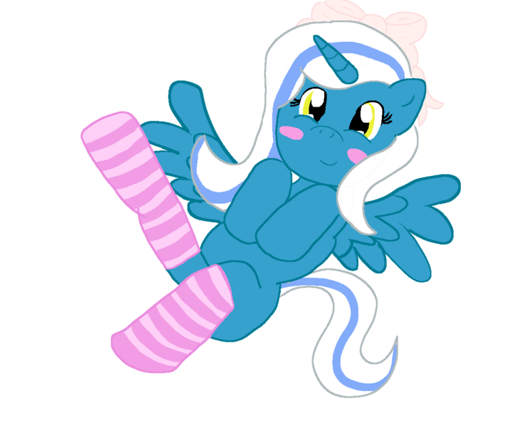 Size: 1200x1000 | Tagged: safe, artist:shipperofheart, derpibooru import, oc, oc:fleurbelle, alicorn, pony, adorabelle, alicorn oc, blushing, bow, clothes, cute, female, hair bow, horn, legs in air, mare, on back, ribbon, socks, spread wings, striped socks, wings, yellow eyes