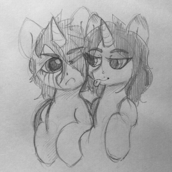 Size: 604x604 | Tagged: safe, artist:cherry_kotya, derpibooru import, oc, oc:fumiko tanari, oc:randy, pony, unicorn, horn, hug, tongue out, traditional art