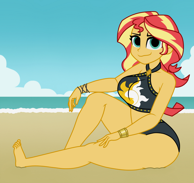 Size: 1900x1800 | Tagged: dead source, safe, artist:mashoart, derpibooru import, sunset shimmer, equestria girls, equestria girls series, barefoot, beach, beach babe, beautiful, big breasts, bikini, bikini babe, bracelet, breasts, busty sunset shimmer, clothes, cloud, curvy, feet, female, jewelry, looking at you, no catchlights, sand, sexy, sky, solo, stupid sexy sunset shimmer, swimsuit, thick, thighs, water, wristband