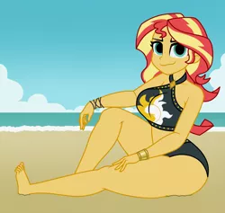 Size: 1900x1800 | Tagged: dead source, safe, artist:mashoart, derpibooru import, sunset shimmer, equestria girls, equestria girls series, barefoot, beach, beach babe, beautiful, big breasts, bikini, bikini babe, bracelet, breasts, busty sunset shimmer, clothes, cloud, curvy, feet, female, jewelry, looking at you, no catchlights, sand, sexy, sky, solo, stupid sexy sunset shimmer, swimsuit, thick, thighs, water, wristband