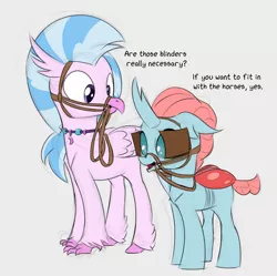 Size: 1654x1645 | Tagged: artist:foal, bit, blinders, bridle, changedling, changeling, classical hippogriff, derpibooru import, female, hippogriff, ocellus, safe, silverstream, tack, why