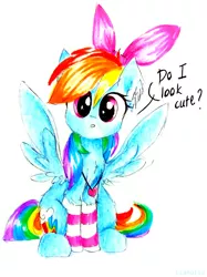 Size: 1586x2115 | Tagged: safe, artist:liaaqila, derpibooru import, rainbow dash, pegasus, pony, backwards cutie mark, bow, chest fluff, clothes, cute, dashabetes, ear fluff, rainbow dash always dresses in style, ribbon, socks, solo, striped socks, traditional art