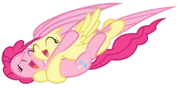 Size: 3464x1732 | Tagged: safe, artist:anext, artist:misterdavey, derpibooru import, fluttershy, pinkie pie, pony, smile hd, curly mane, curly tail, deviantart, eyes closed, hug, long mane, long tail, open mouth, pink mane, pink skin, pink tail, smiling, wings