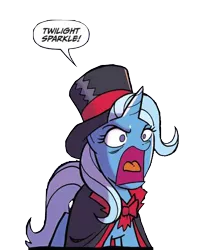 Size: 564x645 | Tagged: safe, derpibooru import, idw, trixie, pony, unicorn, nightmare knights, spoiler:comic, spoiler:comicnightmareknights03, cropped, female, mare, open mouth, simple background, transparent background, yelling