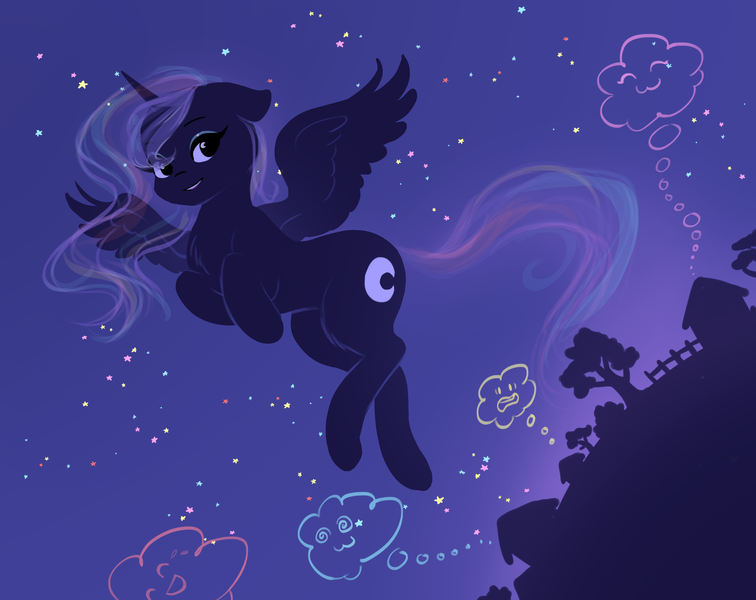 Size: 2647x2102 | Tagged: safe, artist:katputze, derpibooru import, princess luna, alicorn, pony, :3, cute, dream, dream walker luna, eyeshadow, female, flowing mane, flying, house, lunabetes, makeup, mare, missing accessory, smiling, solo, stars, sweet dreams fuel, thought bubble, tree, wholesome