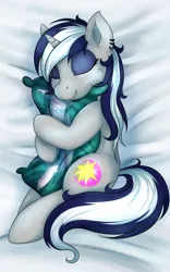 Size: 2336x3748 | Tagged: safe, artist:pingwinowa, derpibooru import, oc, oc:sekr gray, oc:starlit nightcast, pony, unicorn, body pillow, body pillow design, bowtie, commission, digital art, ear piercing, eyeshadow, female, freckles, makeup, mare, piercing, pillow, shipping, sleeping, snuggling, solo, ych result