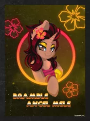 Size: 1200x1622 | Tagged: safe, artist:ciderpunk, derpibooru import, oc, oc:bramble angel mele, unofficial characters only, pony, unicorn, bust, flower, flower in hair, looking at you, synthwave