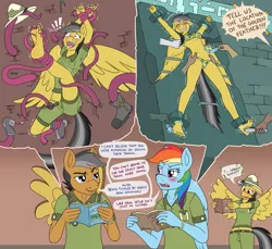 Size: 1281x1173 | Tagged: anthro, armpits, artist:caroo, belly button, bondage, bondage furniture, bound wings, bra, breasts, brush, clothes, comic, cosplay, costume, daring do, daring do cosplay, daring do costume, derpibooru import, disembodied hand, embarrassed, fanfic, feather, feet, fetish, floppy ears, foot fetish, green underwear, hand, laughing, midriff, panties, plantigrade anthro, quibble pants, rainbow dash, short shirt, spread wings, suggestive, sweat, tentacles, tickle fetish, tickle torture, tickling, underwear, undressing, vine, wingboner, wings