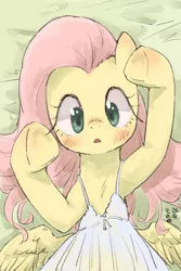 Size: 1200x1800 | Tagged: safe, artist:yanamosuda, derpibooru import, fluttershy, pegasus, pony, blushing, butt wings, clothes, cute, dress, female, mare, on back, open mouth, shyabetes, solo, spread wings, underhoof, white dress, wings