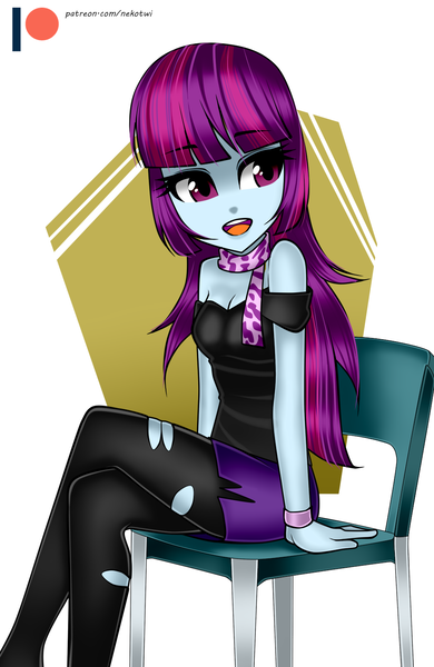 Size: 976x1500 | Tagged: safe, artist:nekojackun, derpibooru import, mystery mint, equestria girls, bare shoulders, beautiful, chair, clothes, crossed legs, cute, female, legs, miniskirt, moe, mysterybetes, open mouth, pantyhose, patreon, patreon logo, ripped pantyhose, scarf, simple background, sitting, skirt, solo, white background