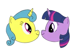 Size: 1024x768 | Tagged: safe, artist:turnaboutart, derpibooru import, lemon hearts, twilight sparkle, pony, unicorn, fanfic:twilight sparkle and lemon hearts love life, cover art, eye contact, female, head only, lemonlight, lesbian, looking at each other, shipping