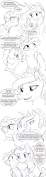 Size: 1280x4945 | Tagged: safe, artist:silfoe, derpibooru import, princess cadance, shining armor, twilight sparkle, alicorn, pony, unicorn, moonsetmlp, alternate universe, armor, black and white, blushing, cheek squish, clothes, comic, dialogue, female, grayscale, guard, implied lesbian, implied shipping, implied twimoon, jewelry, male, mare, monochrome, nodding, nope, regalia, scrunchy face, shining armor does not want, shipper on deck, simple background, speech bubble, squishy cheeks, stallion, thinking, unicorn twilight, uniform, white background