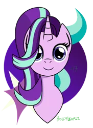 Size: 436x600 | Tagged: safe, artist:hollyleaf12, derpibooru import, starlight glimmer, pony, unicorn, bust, cute, cutie mark, cutie mark background, female, glimmerbetes, hair flip, hair over one eye, looking at you, mare, portrait, signature, simple background, smiling, transparent background