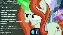 Size: 1280x720 | Tagged: camera, crackle cosette, derpibooru import, disguise, disguised changeling, edit, edited screencap, lady gaga, lyrics, magic, magic aura, music notes, open mouth, paparazzi, paparazzi (song), photographer, ponyville, queen chrysalis, safe, screencap, season 8, singing, song, spoiler:s08, stalker, text, the mean 6