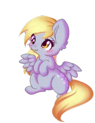 Size: 798x1030 | Tagged: safe, artist:miniaru, derpibooru import, derpy hooves, pegasus, pony, blushing, chibi, cute, derpabetes, female, mare, open mouth, simple background, smiling, solo, spread wings, transparent background, wings