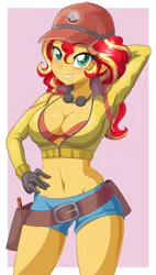 Size: 682x1200 | Tagged: suggestive, artist:thebrokencog, derpibooru import, sunset shimmer, equestria girls, arm behind head, belly button, belt, bikini, bikini top, breasts, busty sunset shimmer, cap, cindy aurum, cleavage, clothes, commission, cosplay, costume, denim shorts, female, final fantasy, final fantasy xv, gloves, goggles, hat, jacket, looking at you, midriff, sexy, shorts, simple background, stupid sexy sunset shimmer, swimsuit, unzipped