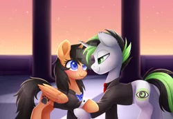 Size: 1280x884 | Tagged: safe, artist:scarlet-spectrum, derpibooru import, oc, oc:plush ramen, unofficial characters only, pony, clothes, commission, female, male, oc x oc, shipping, smiling, straight