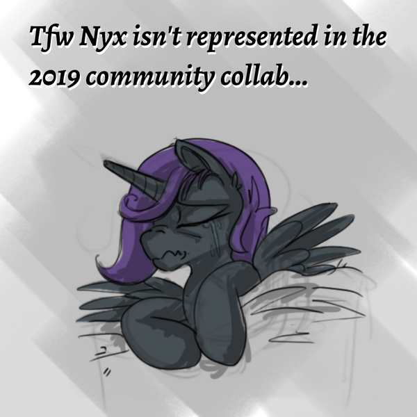 Size: 1080x1080 | Tagged: safe, artist:bigrigs, derpibooru import, edit, editor:apex soundwave, oc, oc:nyx, unofficial characters only, alicorn, pony, alicorn oc, caption, crying, horn, image macro, solo, text, tfw, wings