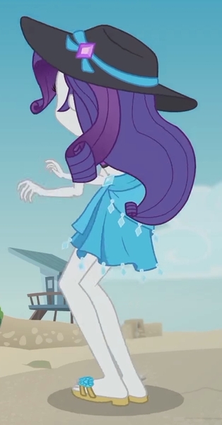 Size: 1100x2100 | Tagged: safe, derpibooru import, screencap, rarity, aww... baby turtles, equestria girls, equestria girls series, beach, clothes, cropped, flip-flops, hat, legs, sandals, sarong, solo, sun hat, swimsuit