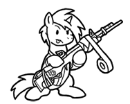 Size: 188x150 | Tagged: safe, artist:crazyperson, derpibooru import, pony, unicorn, fallout equestria, fallout equestria: commonwealth, black and white, duct tape, fanfic art, generic pony, grayscale, gun, monochrome, picture for breezies, rifle, simple background, squatting, tape, tongue out, transparent background, weapon