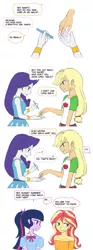 Size: 1280x3451 | Tagged: suggestive, artist:haibaratomoe, derpibooru import, applejack, rarity, sci-twi, sunset shimmer, twilight sparkle, equestria girls, equestria girls series, bracelet, clothes, comic, cute, engrish, female, freckles, geode of telekinesis, glasses, implied fingering, implied sex, jackabetes, jewelry, lesbian, magical geodes, open mouth, raribetes, rarijack, shimmerbetes, shipping, shirt, simple background, smiling, twiabetes, white background