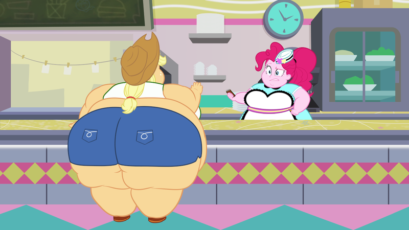 Size: 1280x720 | Tagged: suggestive, artist:neongothic, derpibooru import, applejack, pinkie pie, equestria girls, amplejack, applebutt, applefat, bbw, butt, fat, female, huge butt, large butt, morbidly obese, obese, piggy pie, pudgy pie, server pinkie pie, ssbbw, story included, weight gain, wide hips