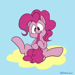 Size: 1000x1000 | Tagged: safe, artist:horatio_kun, derpibooru import, pinkie pie, earth pony, pony, 30 minute art challenge, biting, chewing, cotton candy tail, cute, diapinkes, eating, female, mare, ponk, sitting, solo, tail bite