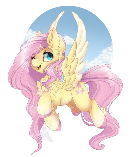 Size: 2240x2676 | Tagged: safe, artist:silent-shadow-wolf, derpibooru import, fluttershy, pegasus, pony, chest fluff, cloud, cute, female, mare, one eye closed, open mouth, shoulder feathers, shyabetes, simple background, sky, solo, spread wings, three quarter view, transparent background, unshorn fetlocks, wings, wink