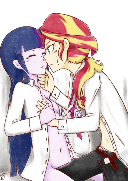 Size: 2480x3507 | Tagged: suggestive, artist:aka-ryuga, derpibooru import, sunset shimmer, twilight sparkle, human, equestria girls, alternate universe, anime, belly button, breasts, business, clothes, colored pupils, cute, eyes closed, female, lesbian, necktie, open mouth, pants, partial nudity, shipping, strategically covered, sunsetsparkle, unbuttoned