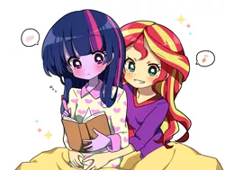 Size: 1182x894 | Tagged: safe, artist:lotte, derpibooru import, sunset shimmer, twilight sparkle, equestria girls, anime, blushing, book, clothes, female, lesbian, pajamas, reading, shipping, simple background, slumber party, sunsetsparkle, white background